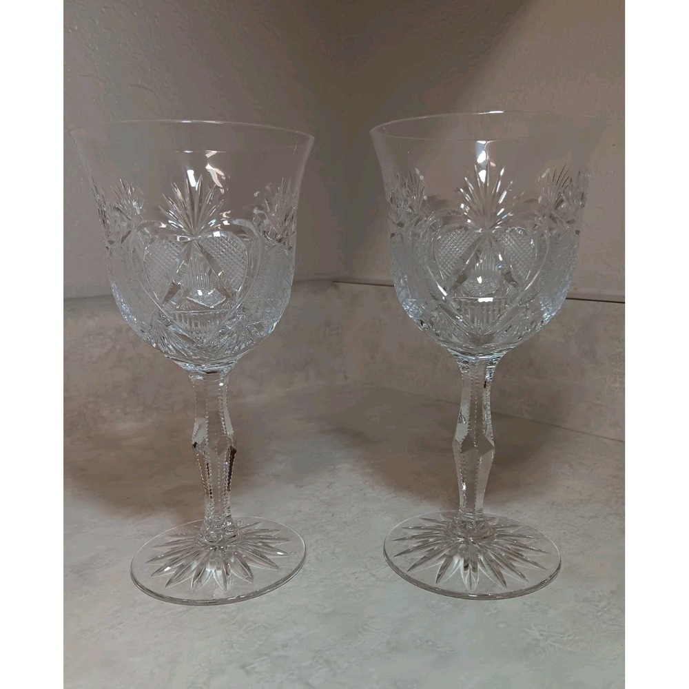 2 Czech Bohemian Cut Crystal Glasses-Heart And Pinapple-Notched Stem Wedding